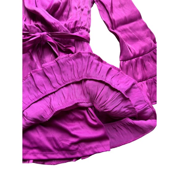 Metallic Fuchsia Tiered Satin Pleated Belted A Line V Neck Womens Medium Dress - Picture 6 of 16